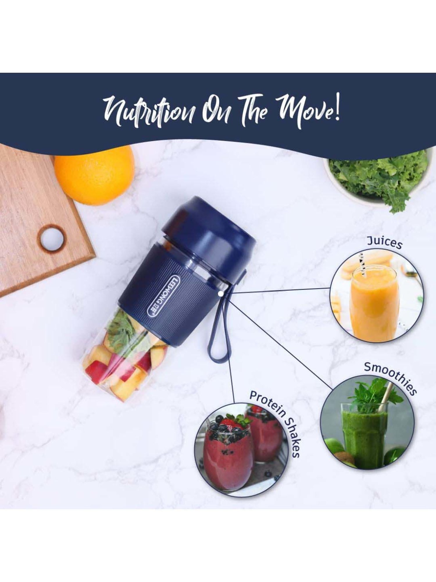 Wonderchef Plastic Nutri-Cup 300ML Portable Blender with In Built Jar & USB Charging (Blue)