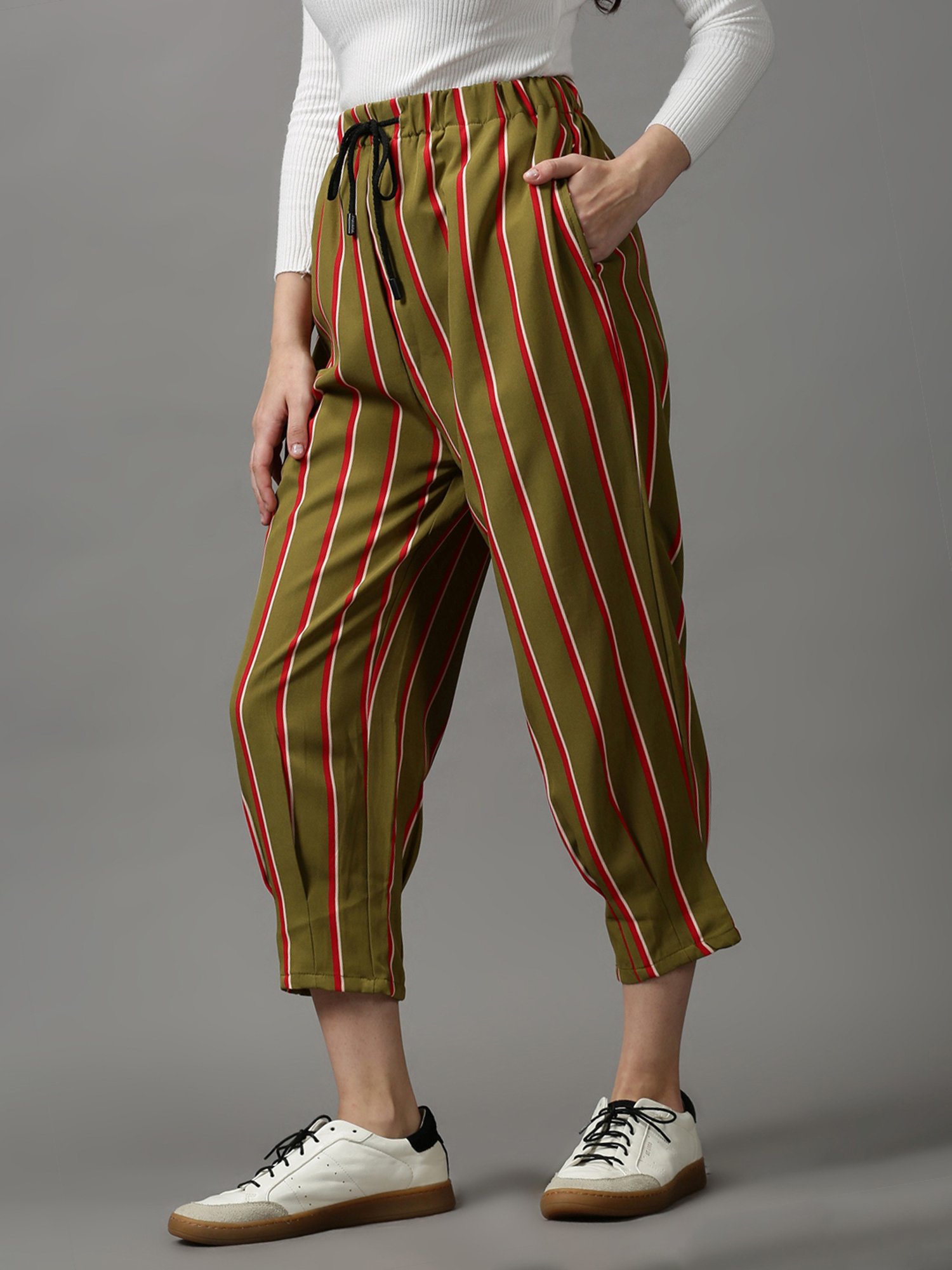 SHOWOFF Olive Green Striped Pants