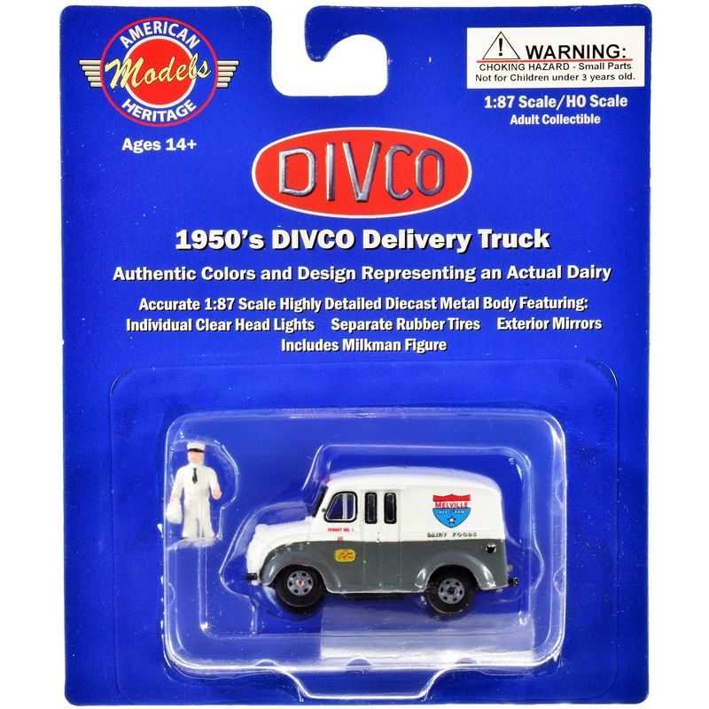 1950's Divco Delivery Truck Gray & White "Melville Dairy Foods" w/Milkman Figurine & Carrier 1/87 (HO) Scale Diecast Model by American Heritage Models