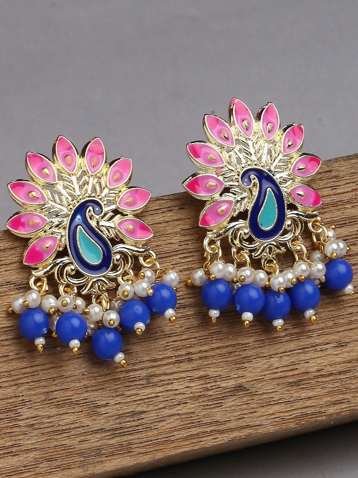 OOMPH Pink & Blue Meenakari Kundan & Beads Peacock Design Ethnic Drop Earrings for Women