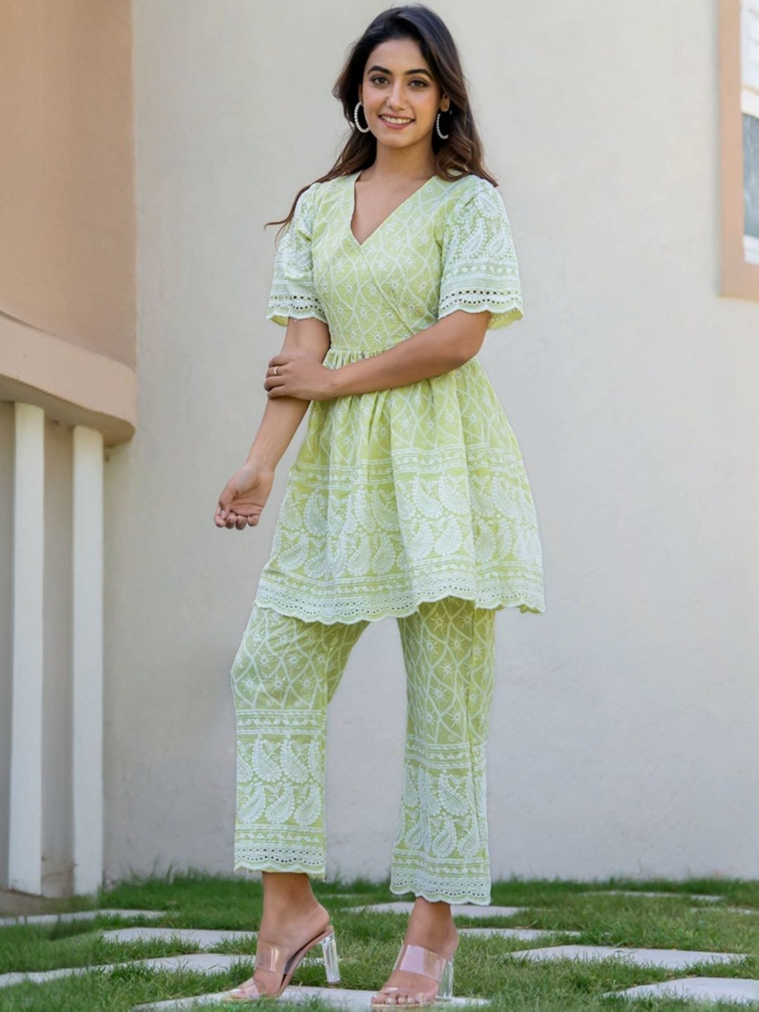 HOUSE OF JAMOTI Green Cotton Embroidered Tunic Pant Set
