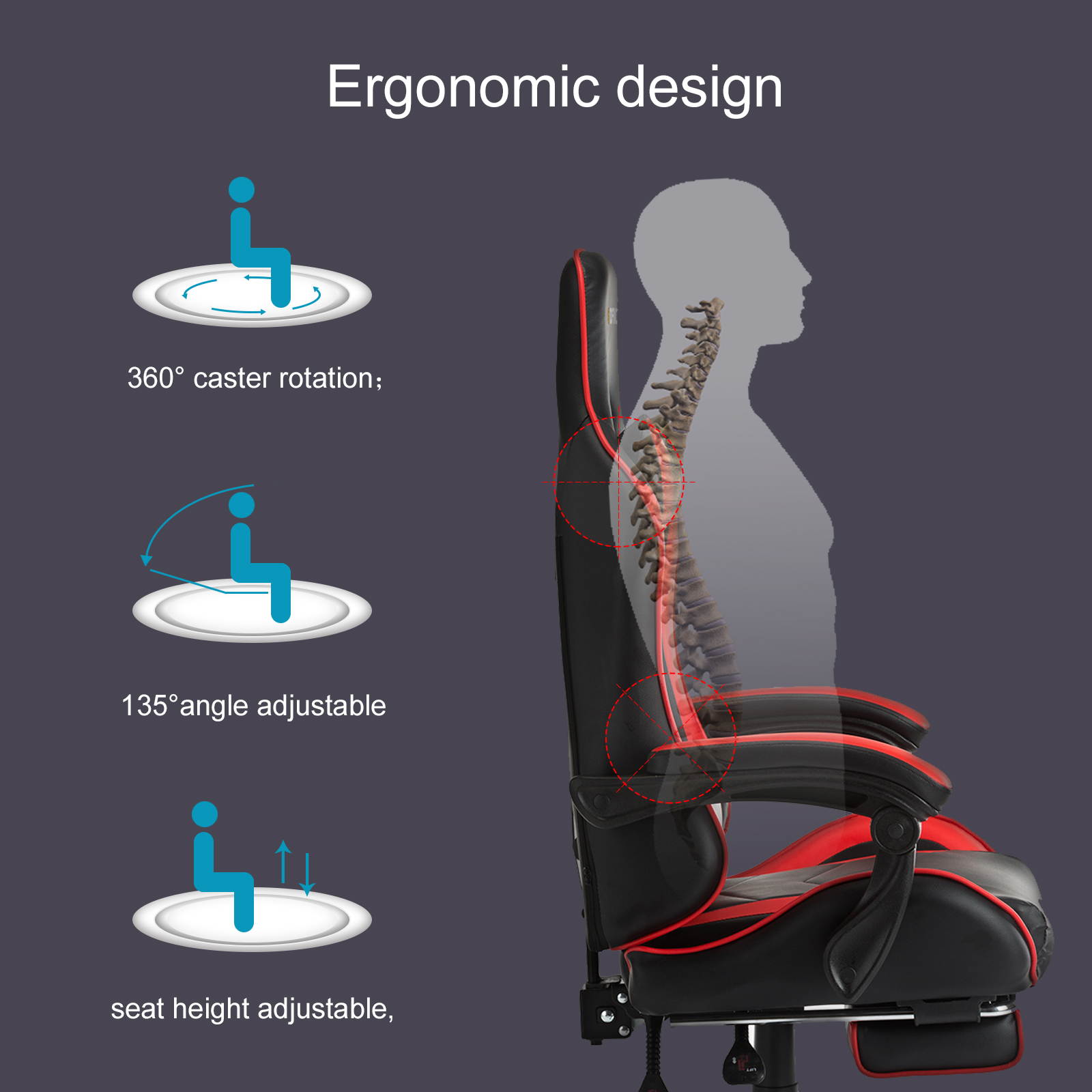 Goaic Gaming Chair PC Racing Game Chair Ergonomic 135&deg; Adjustable Reclining Office Chair with Footrest, High Back Office Desk Computer Chair with Headrest and Lumbar Pillow Support (White/Red)