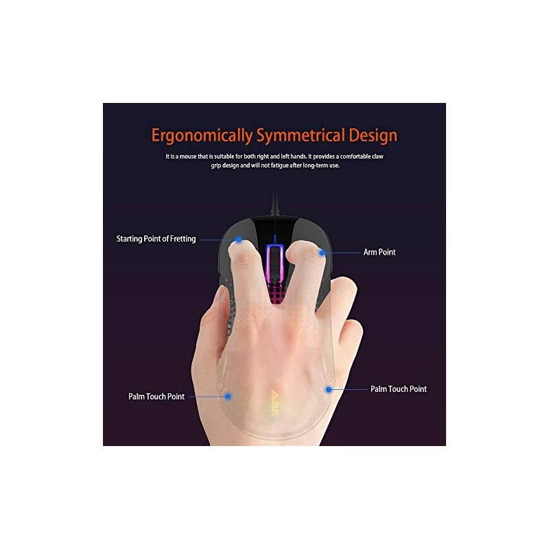 AJ358 RGB Lightweight Gaming Mouse Translucent LED Backlit Adjustable 7 Level DPI Programmable 7 Buttons 85g Ergonomic Wired Mice for PC Computer Games or Work Black