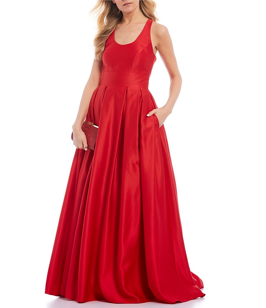 Morgan & Co. Sleeveless Racer-Back Pleated Satin Ball Gown