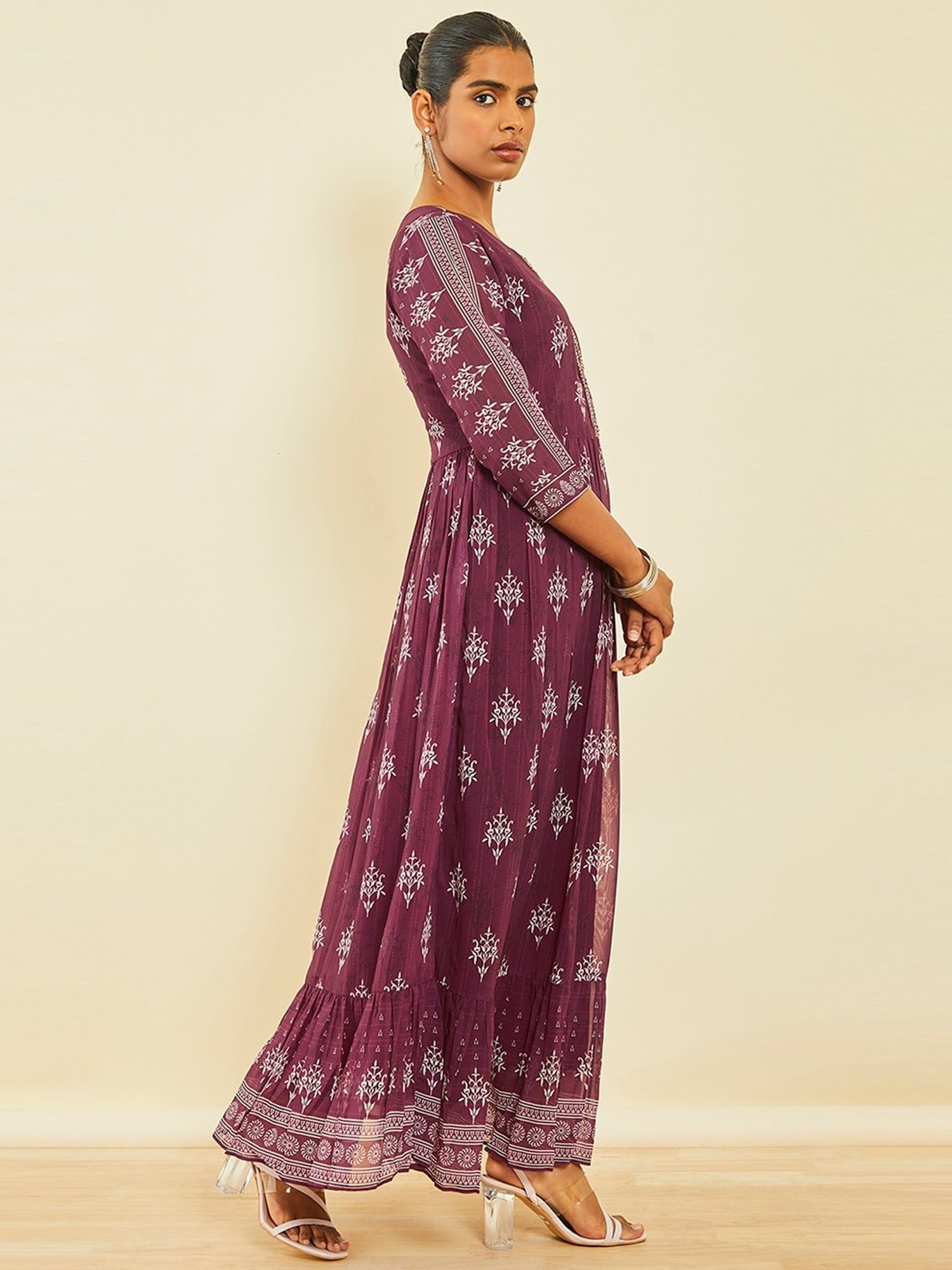 Soch Magenta Georgette Botanical Print Dress with Cutdana Work Yoke