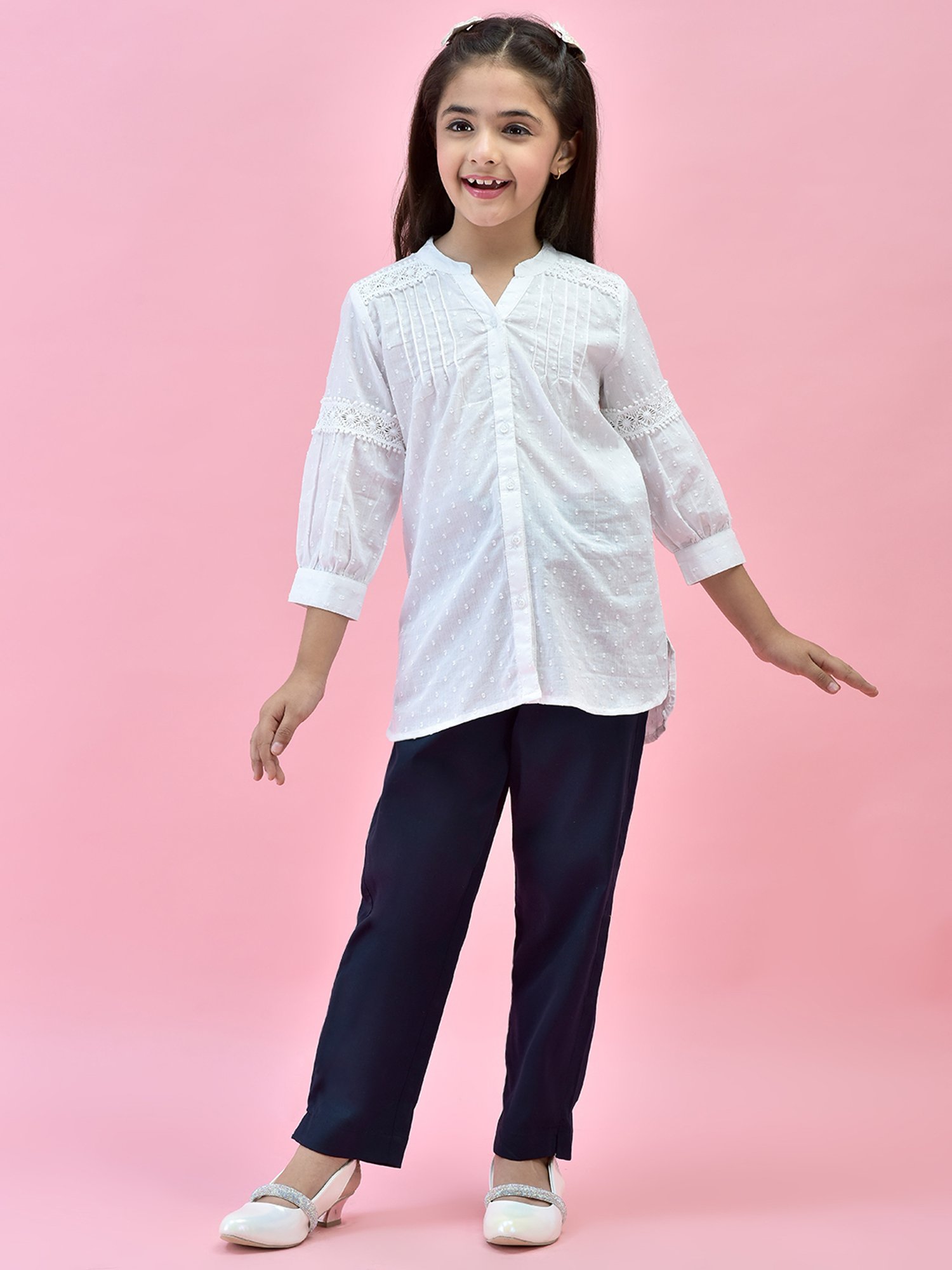 Juniper Girls White & Navy Self Design Shirt With Pants