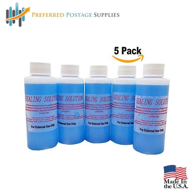 Money Saver Supply Bundle 5 Bottles of Concentrated Sealing Solution (Makes 5 Gallons) Compare To Pitney Bowes EZ Seal, (600 Postage Meter Labels) + Envelope Dabber Bottle