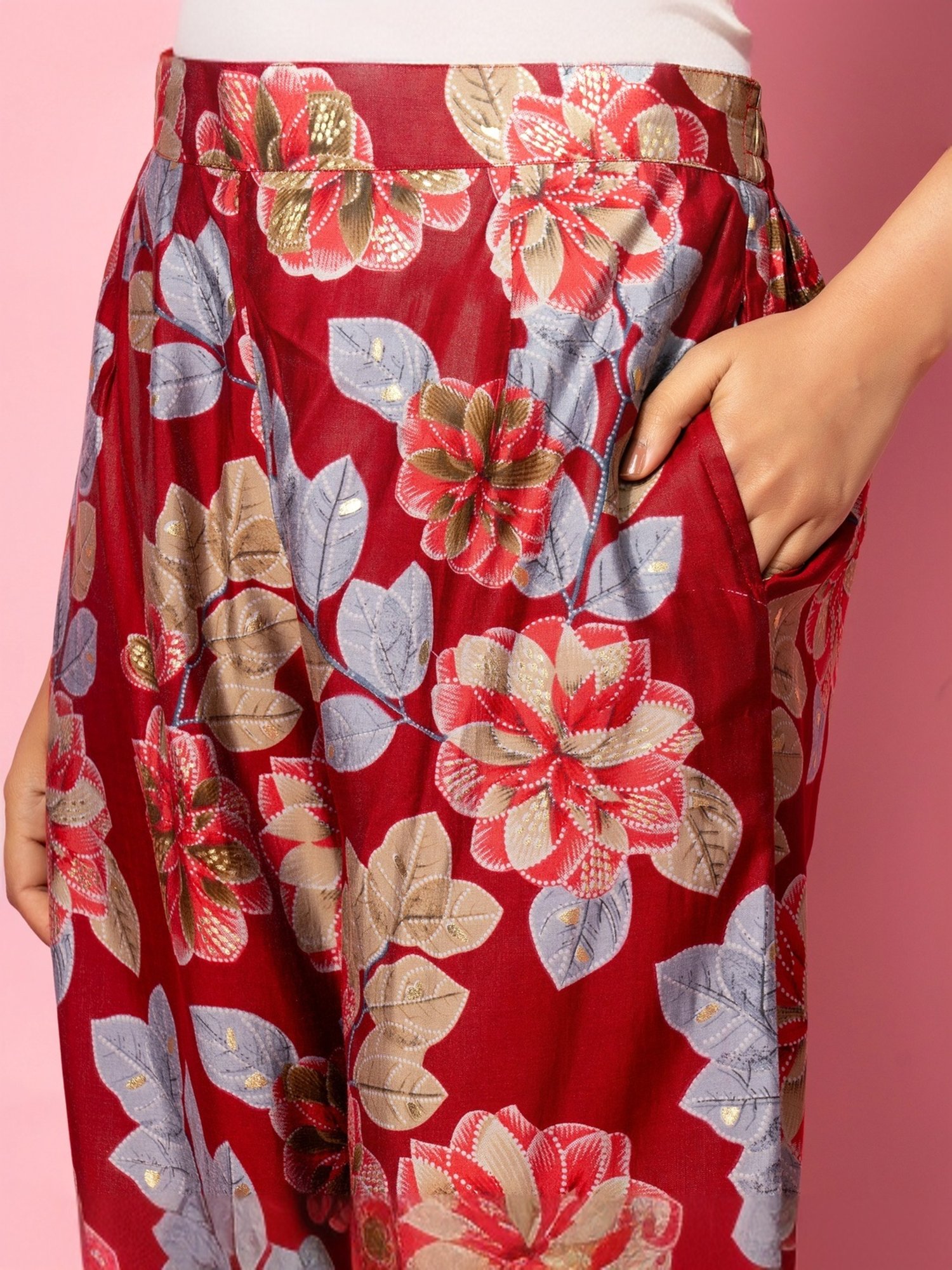 Libas Maroon Printed Silk Blend Co-Ords