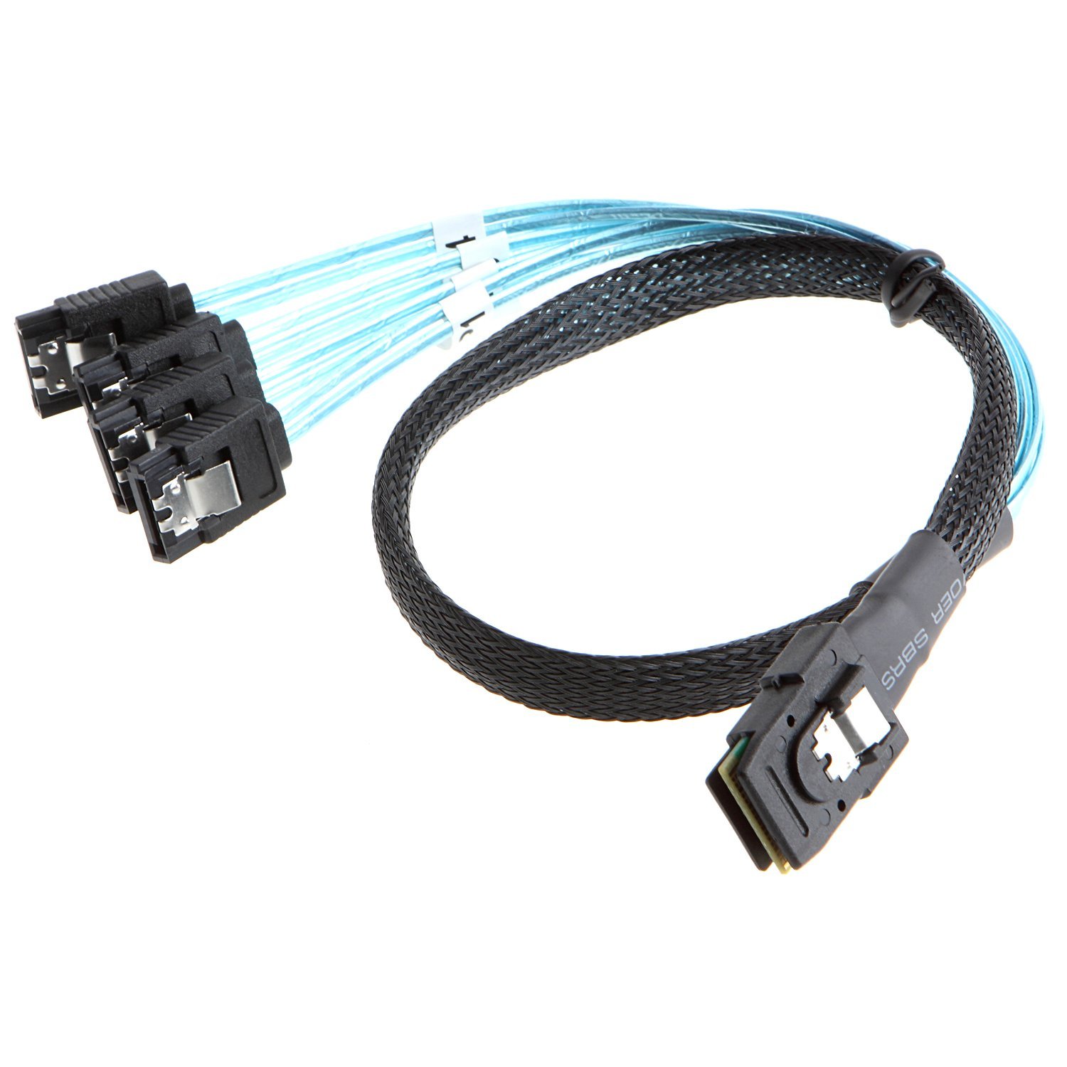 SFF8087-4SATA-0.5M 0.5 Meter 30AWG Internal Mini SAS 36pin (SFF-8087) Male w/ Latch to 4 x SATA 7pin Female Forward Breakout Cable with Nylon Braiding