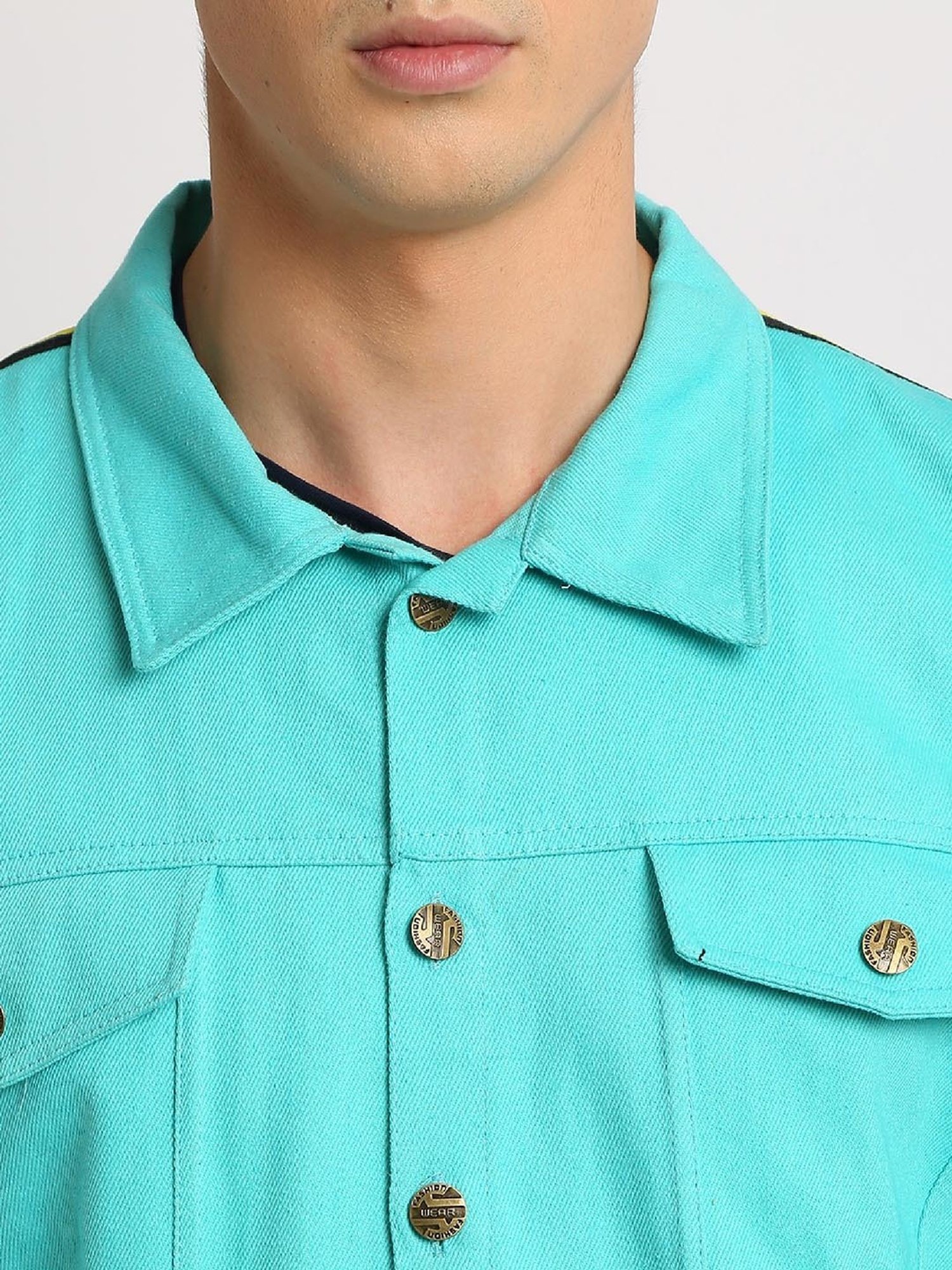 VOXATI Turquoise Full Sleeves Shirt Collar Denim Jacket