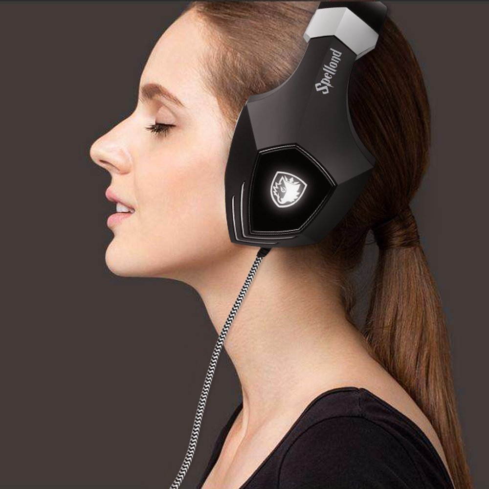 [2017 Newly Updated USB Gaming Headset] SADES A60/OMG Computer Over Ear Stereo Headsets Heaphones With Microphone Noise Isolating Volume Control LED Light (Black+White) For PC And MAC