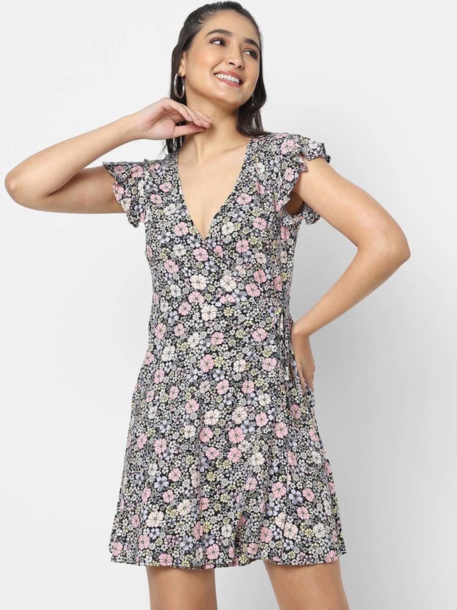 VASTRADO Black & Pink Floral Print A-Line Wrap Dress