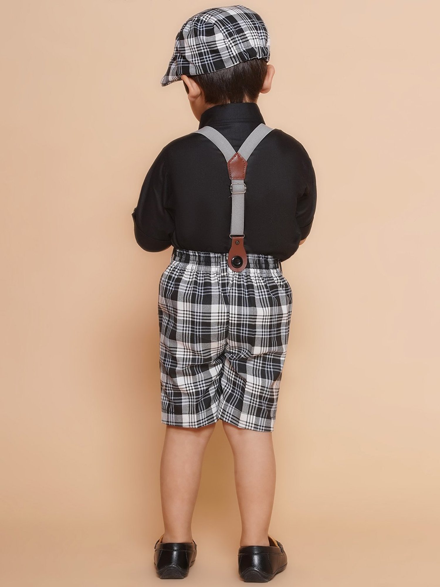 AJ Dezines Kids White & Black Checks Shirt, Shorts, Suspender, Bow & Cap