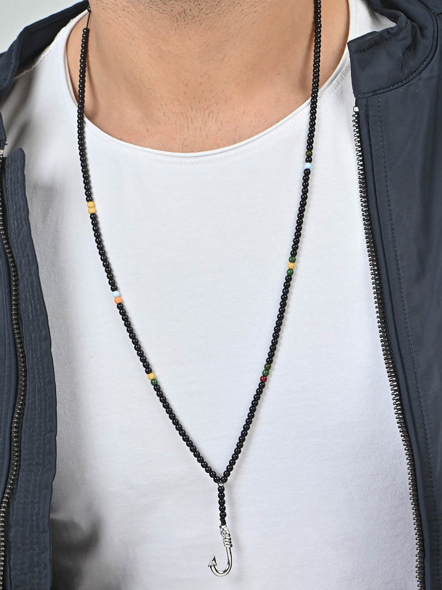 The Bro Code Silver & Black Fish Hook Pendant Neckalce Chain for Men