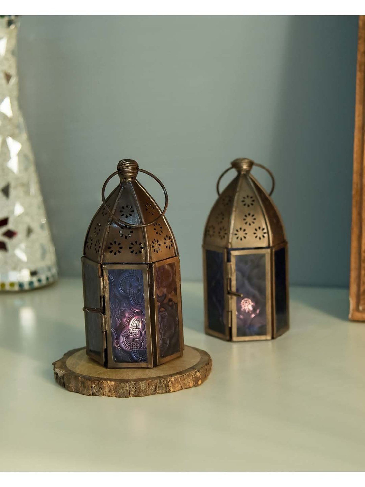 Homesake 'House Warming' Dark Brown & Blue Metal Hanging Candle Holder - Set of 2