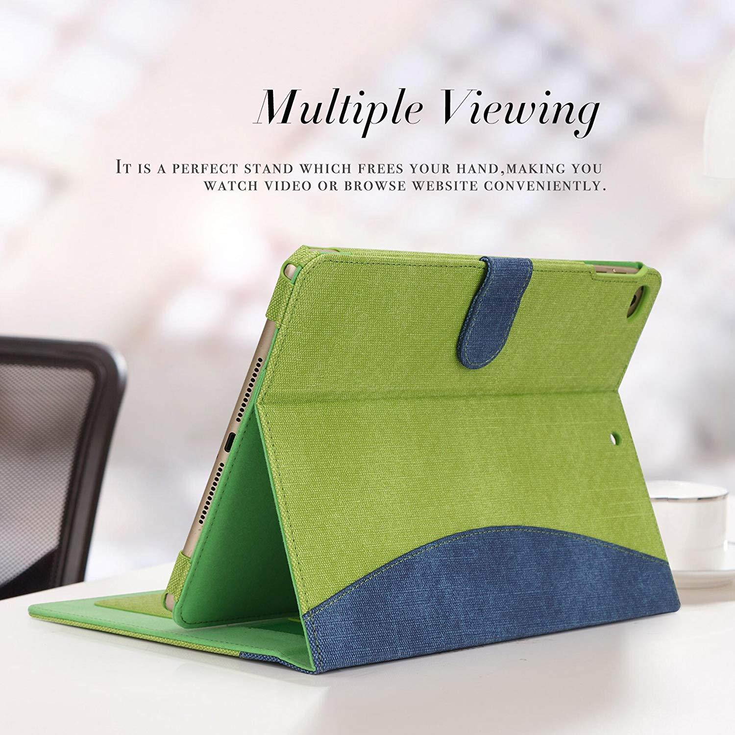 FYY Case for iPad 9.7 2018/2017 - Folio Case Stand Cover with Card Slots,Note Holder,Hand Strap for iPad 9.7 Case 2018/2017/iPad Air 2/iPad Air (with Auto Wake//Sleep Feature) Green+Navy