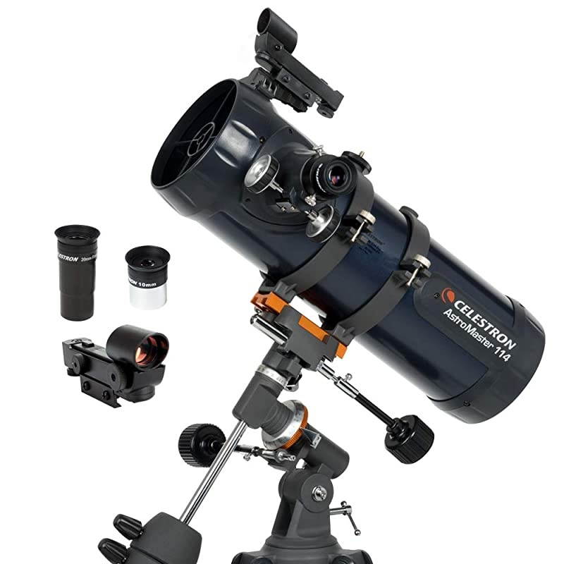AstroMaster 114EQ Newtonian Telescope - Reflector Telescope for Beginners - Fully-Coated Glass Optics - Adjustable-Height Tripod - Bonus Astronomy Software Package