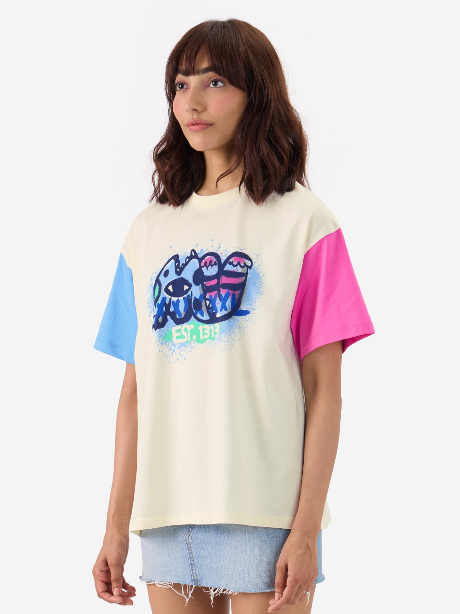 The Souled Store Multicolor Cotton Printed Oversized T-Shirt