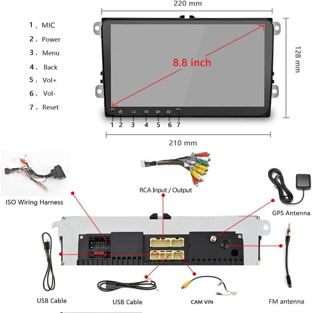 Double Din Android Car Navigation Stereo with Bluetooth for Volkswagen Passat Golf Jetta Polo Tiguan Touran SEAT Skoda, 9&rdquo;Headunit Support GPS WiFi FM +Rearview Camera+Double USB Input (2G+32G)