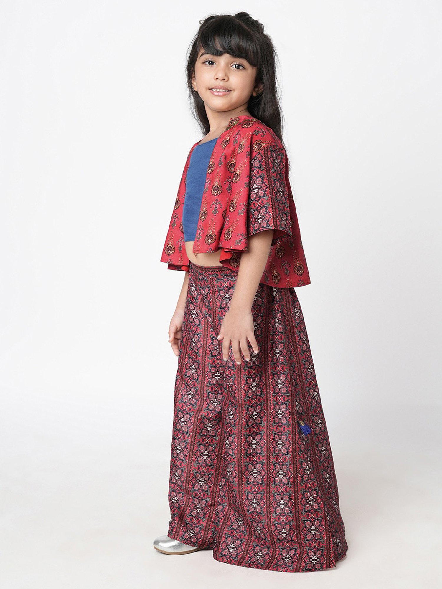 Lil Drama Kids Red & Navy Floral Print Top, Plazzos with Jacket