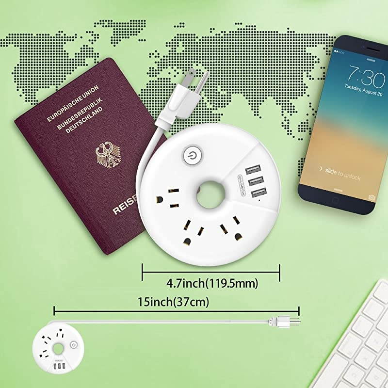 Travel Power Strip  3 Outlets 3 USB Portable Desktop Charging Station Short Extension Cord 15 inch for Office Home Hotels Cruise Ship Nightstand White