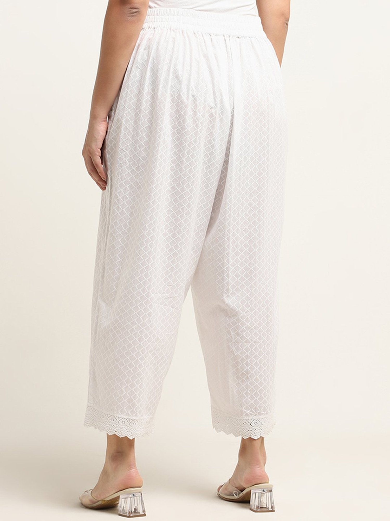 Diza by Westside White Self-Patterned High-Rise Ethnic Cotton Pants