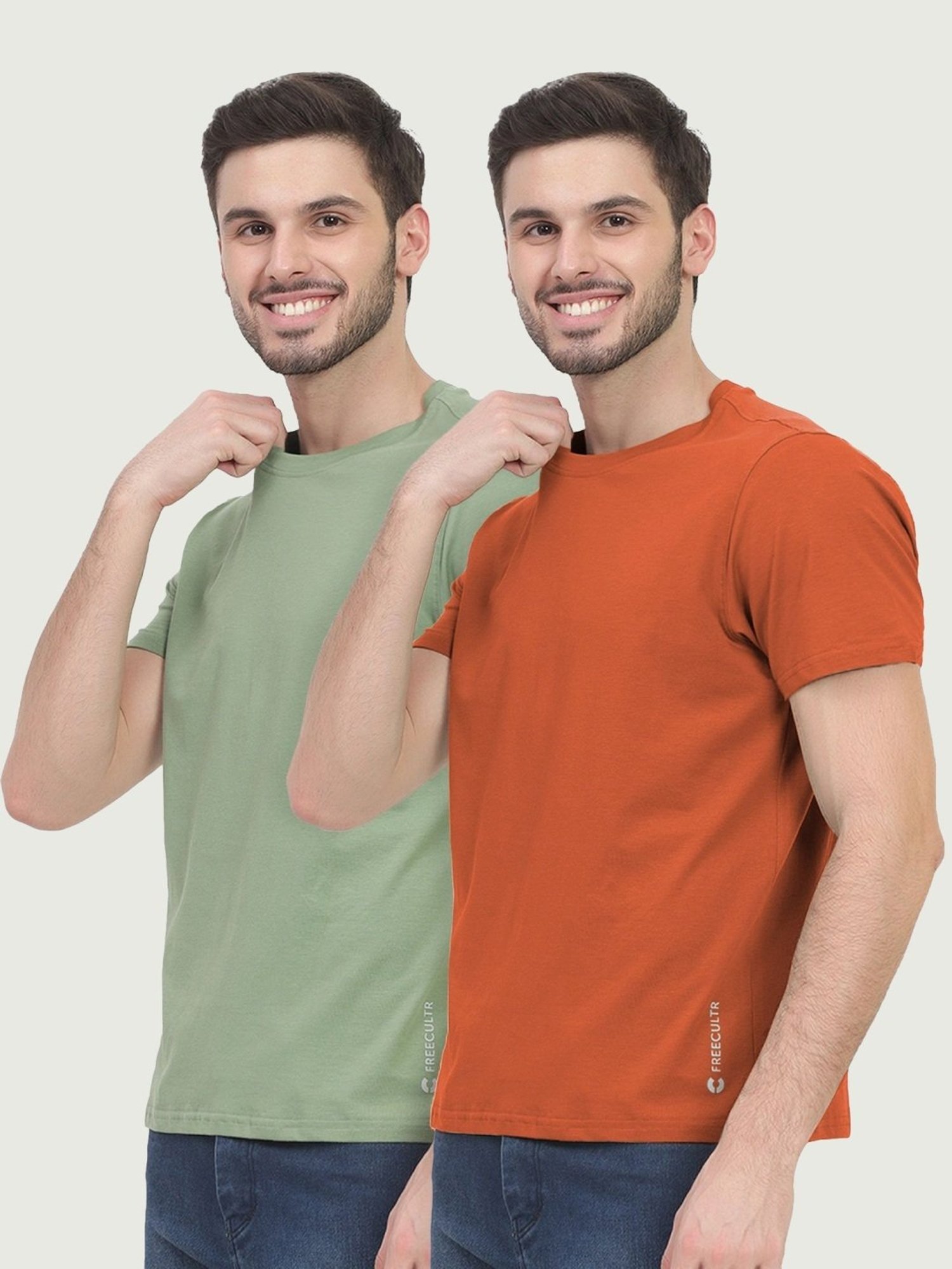Freecultr Moss Green & Rust Orange Cotton Regular Fit T-Shirt - Pack Of 2