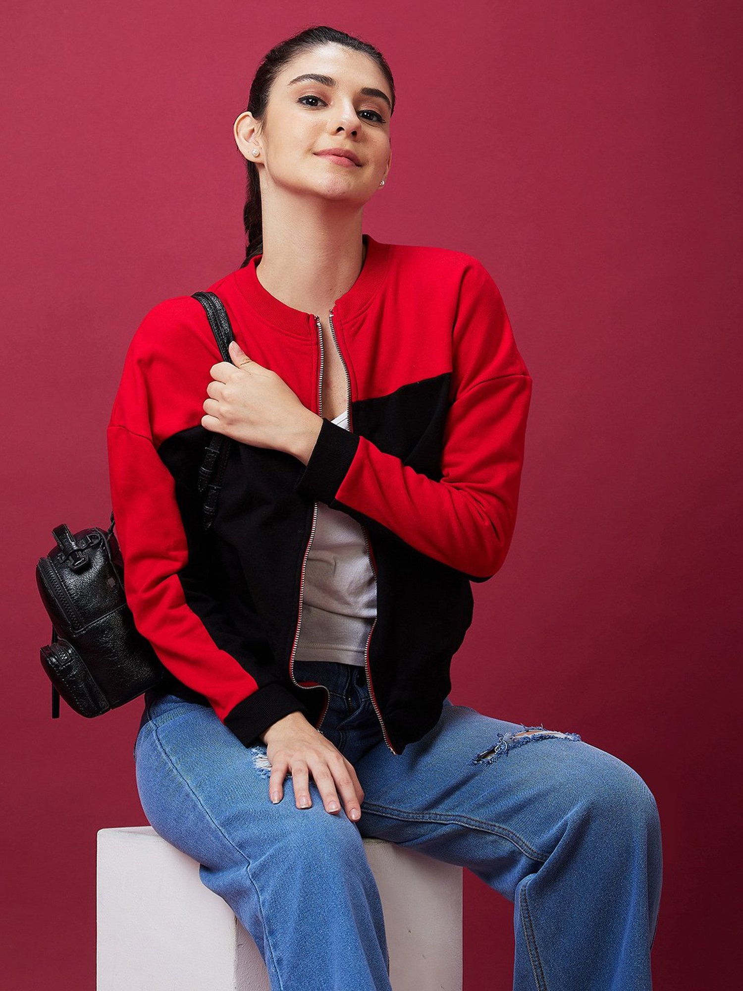 Globus Black & Red Cotton Color-block Sweatshirt