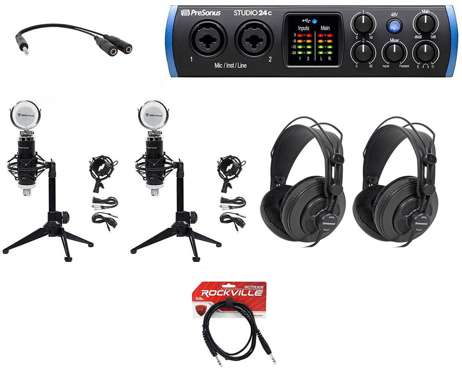 2-Person Podcast Podcasting Recording Kit w/Presonus STUDIO 24C Interface+Stands