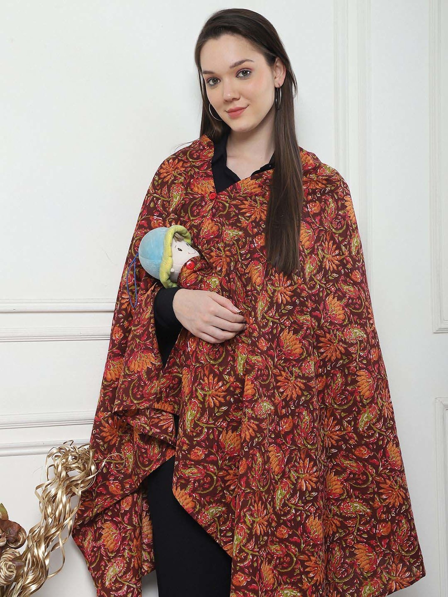 Secret Wish Brown Cotton Floral Straight Nursing Cover