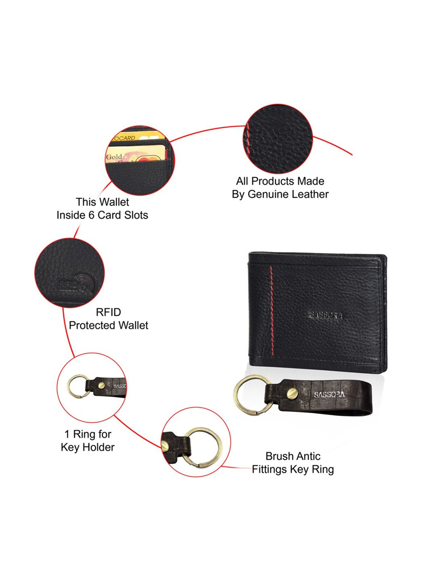 Sassora Black & Red Small Leather Bi-fold Wallet Keychain Gift Set (Pack Of 2)