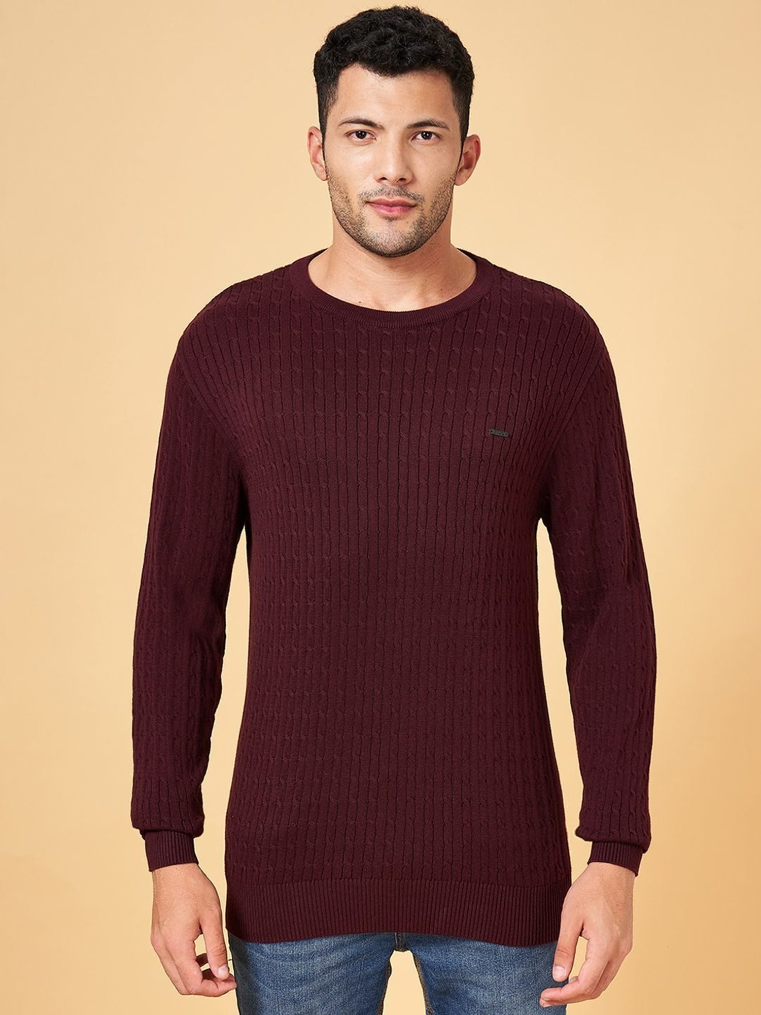 Byford by Pantaloons Maroon Cotton Slim Fit Self Pattern Sweater