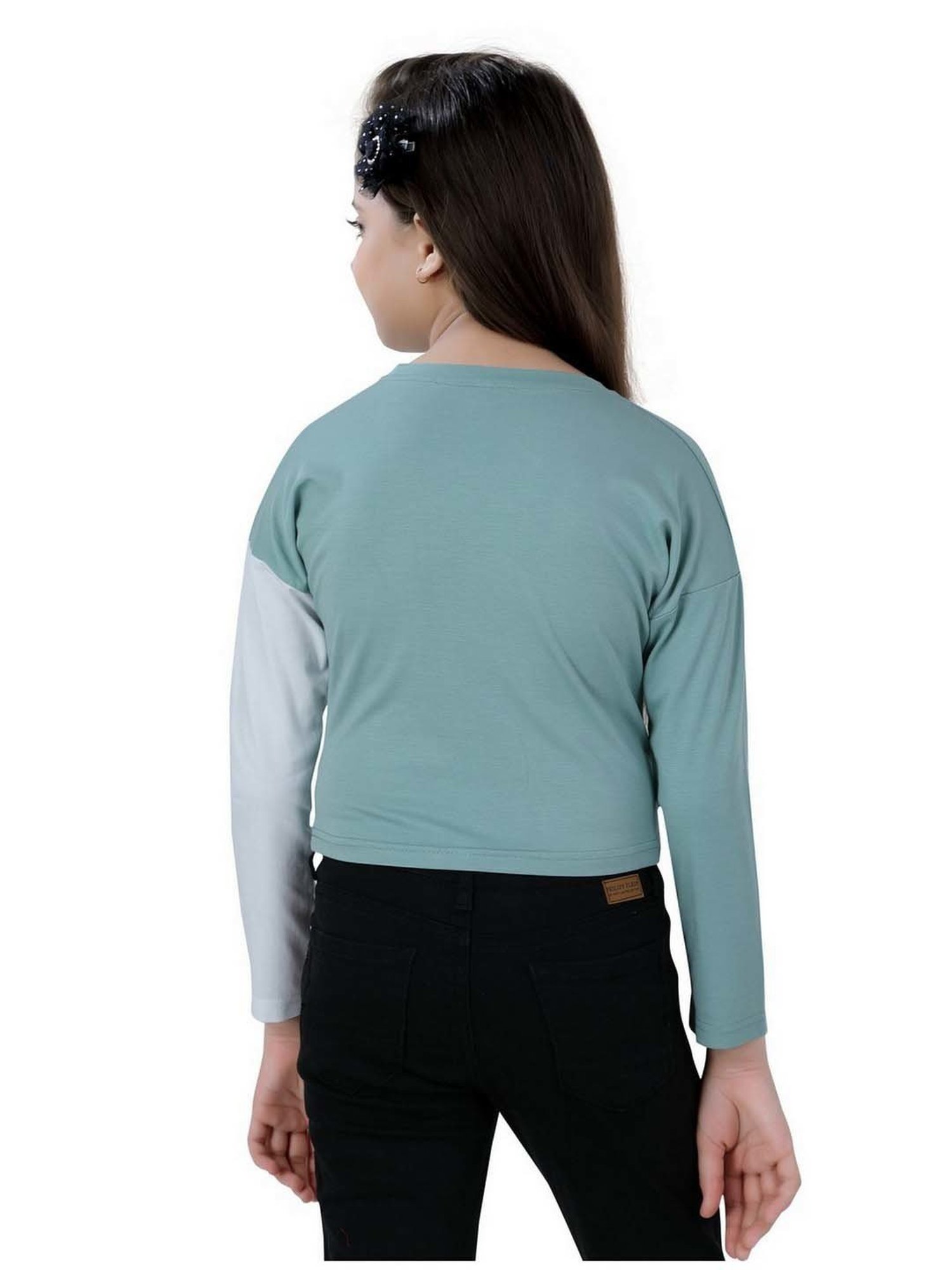 poplins Kids Green & White Cotton Printed Full Sleeves Top