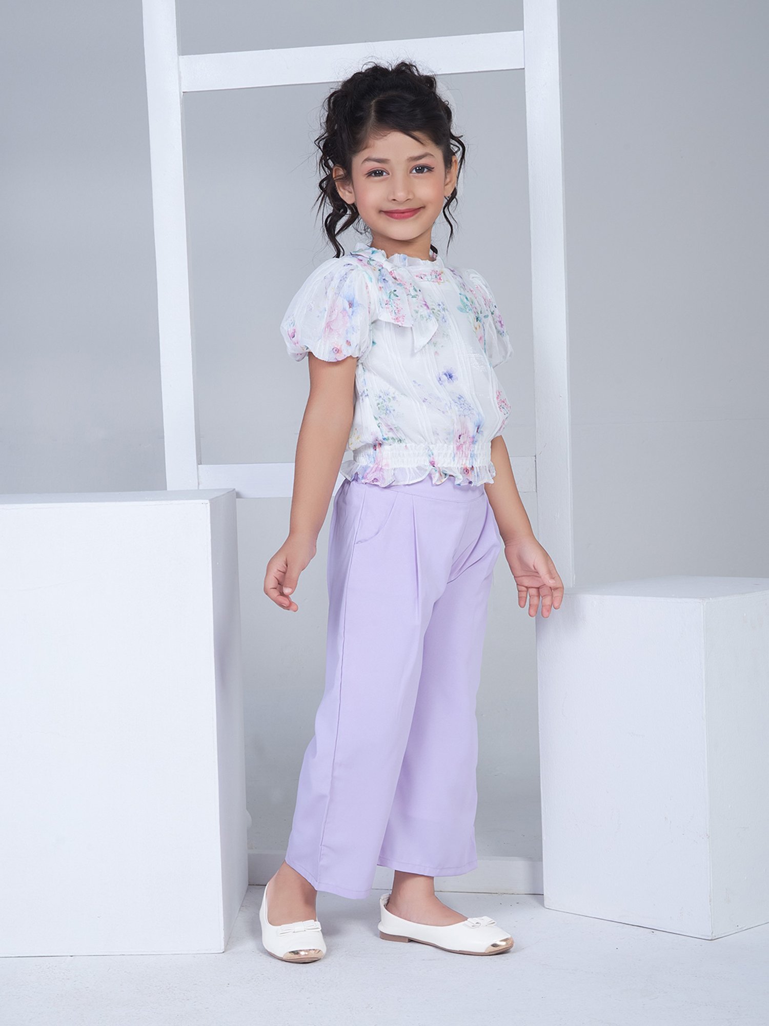 Peppermint Kids Purple & White Floral Print Top with Culottes