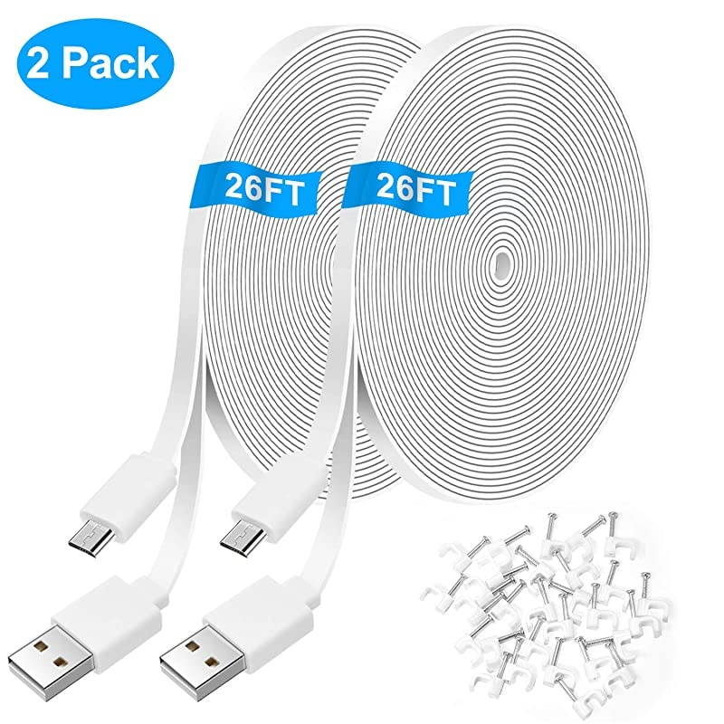 Pack 6FT Flat Power Extension Cable for WyzeCamWyzeCam PanKasaCam IndoorNestCam IndoorYi Camera Blink USB to Micro USB Flat Charging Cord for Security Cam with Wire Clips