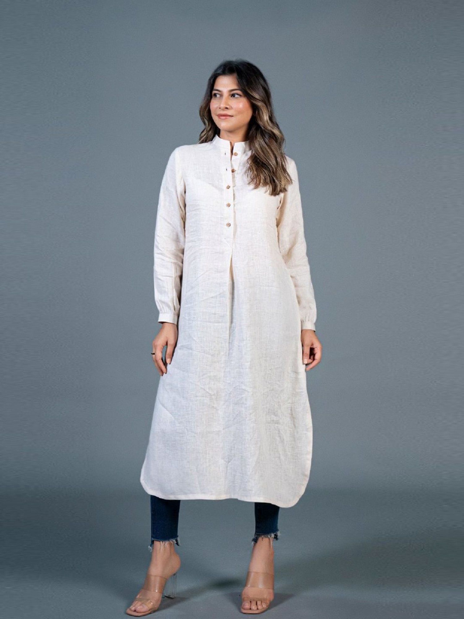 Eeshva India Beige Jabha Style Linen Kurta