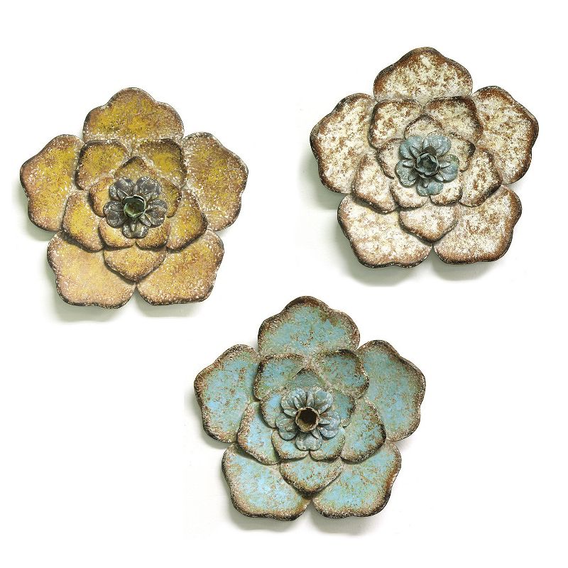 Stratton Home Decor S09593 Set of 3 Metal Rustic Flower Wall Decor, Multicolor