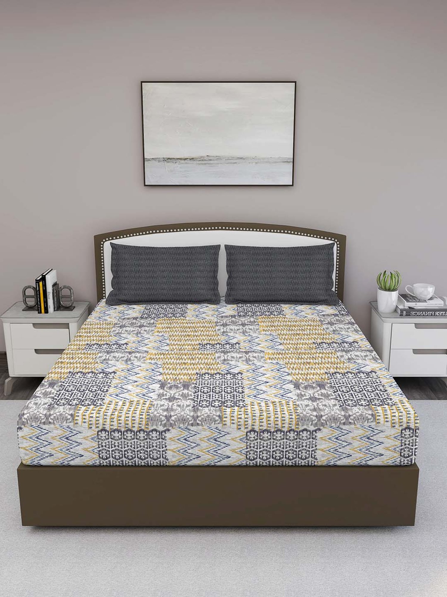 GM Grey & Beige 100% Cotton 180 TC Queen Bedsheet Set