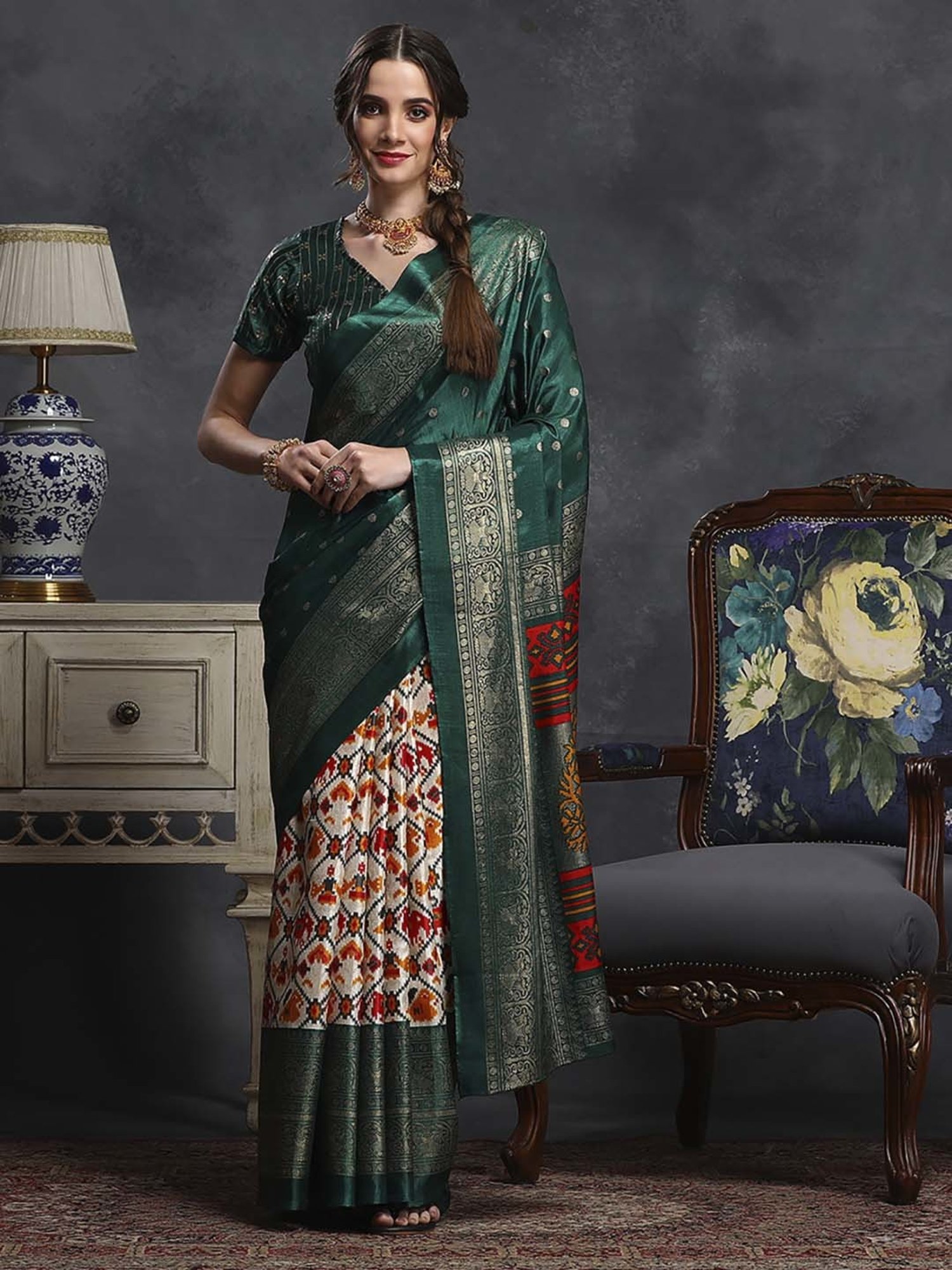 Saree Mall Green & White Silk Printed Saree With Unstitched Blouse