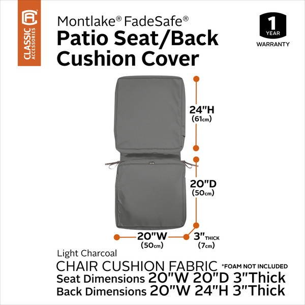 Classic Accessories 60-438-010801-RT Montlake Fadesafe Chair Cushion Cover, Light Charcoal - 44 x 20 x 3 in.