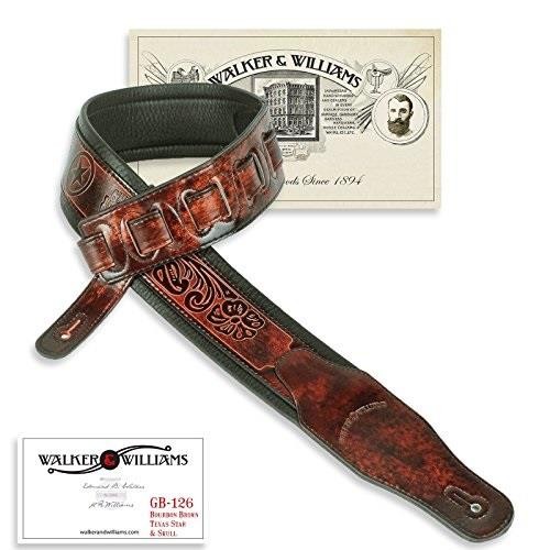 walker & williams gb126 bourbon brown padded guitar strap texas stars & skulls