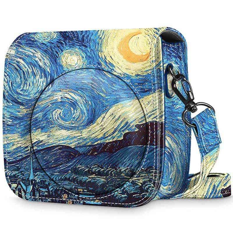 Protective Case Compatible with Fujifilm Instax Mini 8 Mini 8+ Mini 9 Instant Camera Premium Vegan Leather Bag Cover with Removable Strap Starry Night