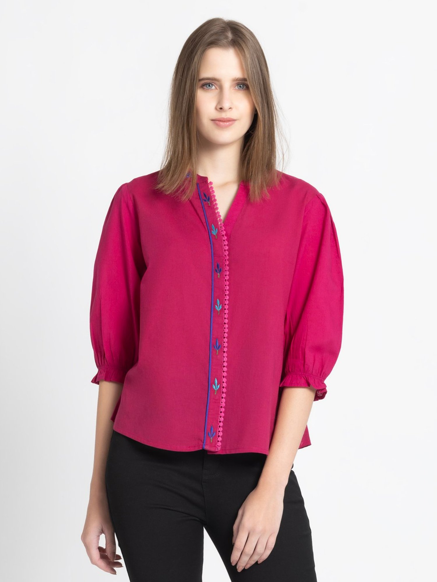 SHAYE Pink Cotton Embroidered Top