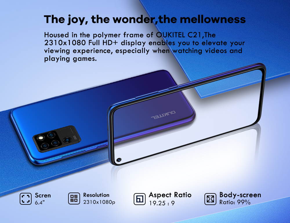 Mobile Phones,OUKITEL C21 6.4 Inches FHD+ SIM Free Unlocked Android 10.0 Dual SIM Smartphone 4g,4GB RAM+64GB ROM Helio P60 4000mAh Big Battery Four Cameras 20MP Front Camera Mobile Phone