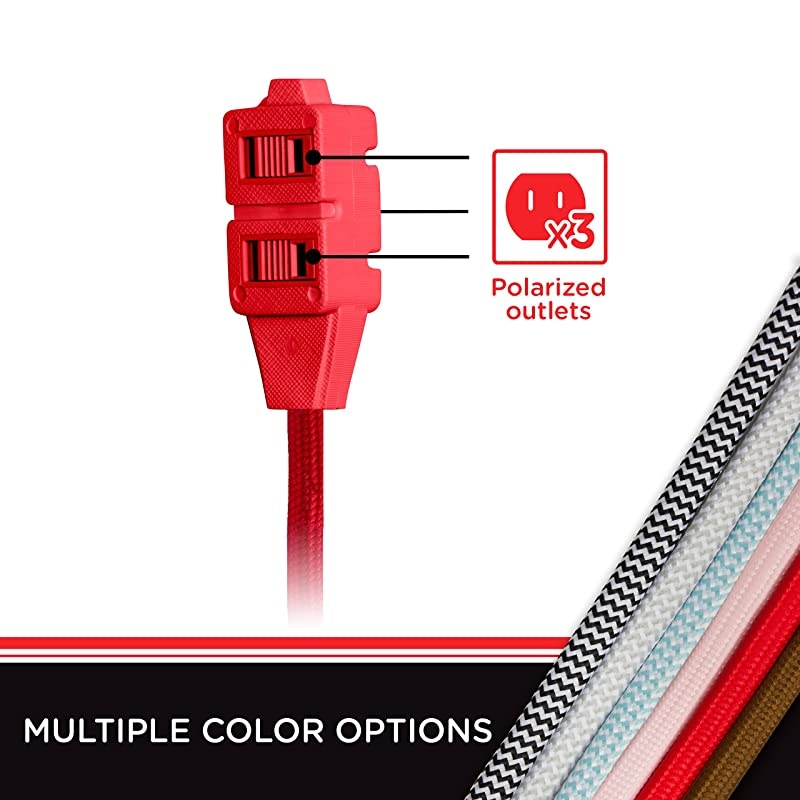 Bright Red, Designer 3-Outlet Extension Cord, 8 Ft Braided Cable, 2-Prong Power Strip, Slide-to-Lock Safety, Low-Profile Flat Plug, Polarized, ETL Listed, 39985-T1, 8 ft, 8 Ft