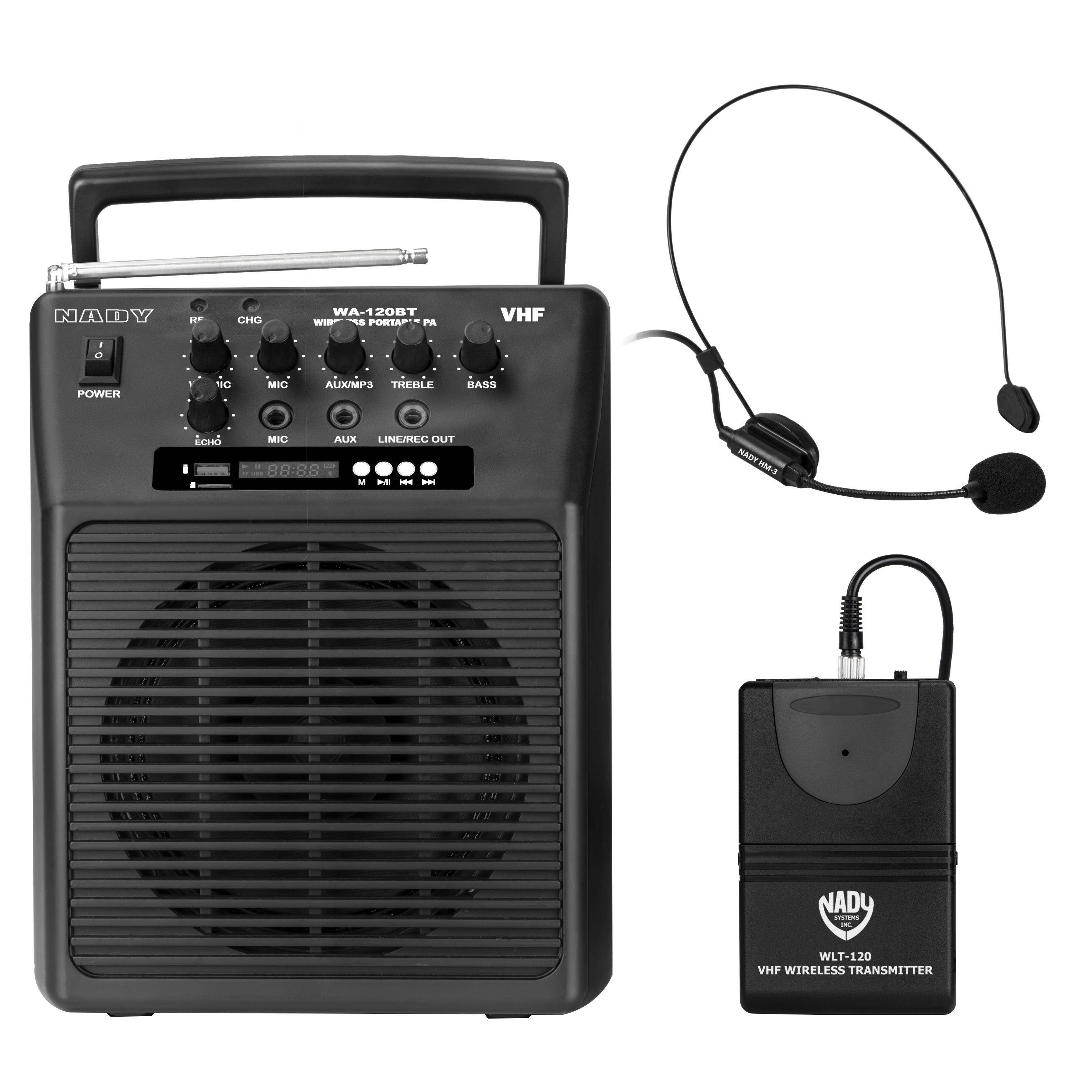Nady WA-120BT HM Wireless Portable compact P.A full-range speaker system with built-in amplifier, BLUETOOTH, mp3 player, mixer, and Headmic wireless microphone