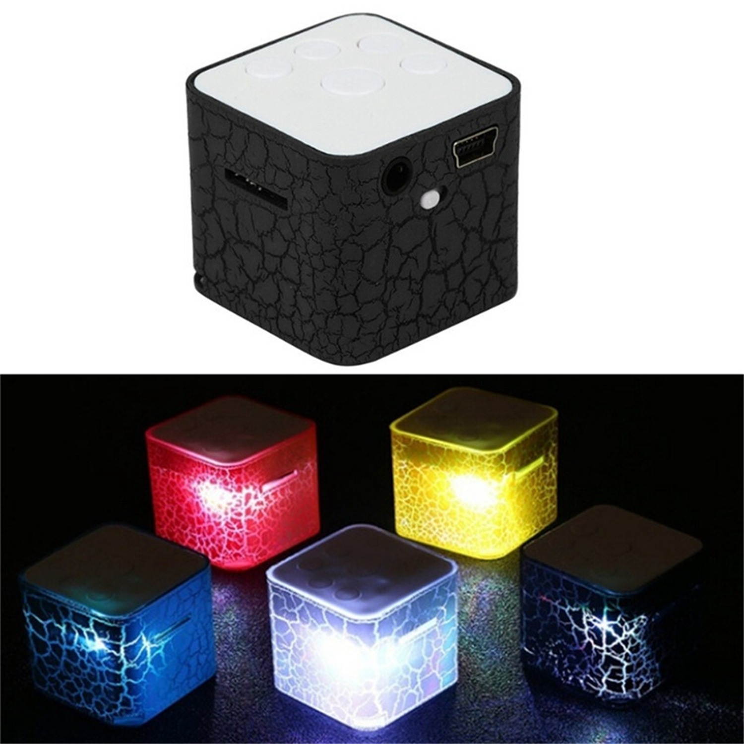 2 Pcs External Sound 120Mah Mini USB 4H MP3 Player 32X30X30mm Colorful Light 3.5mm Mp3 Music Player Support TF SD Card with Speakers, Black & Blue