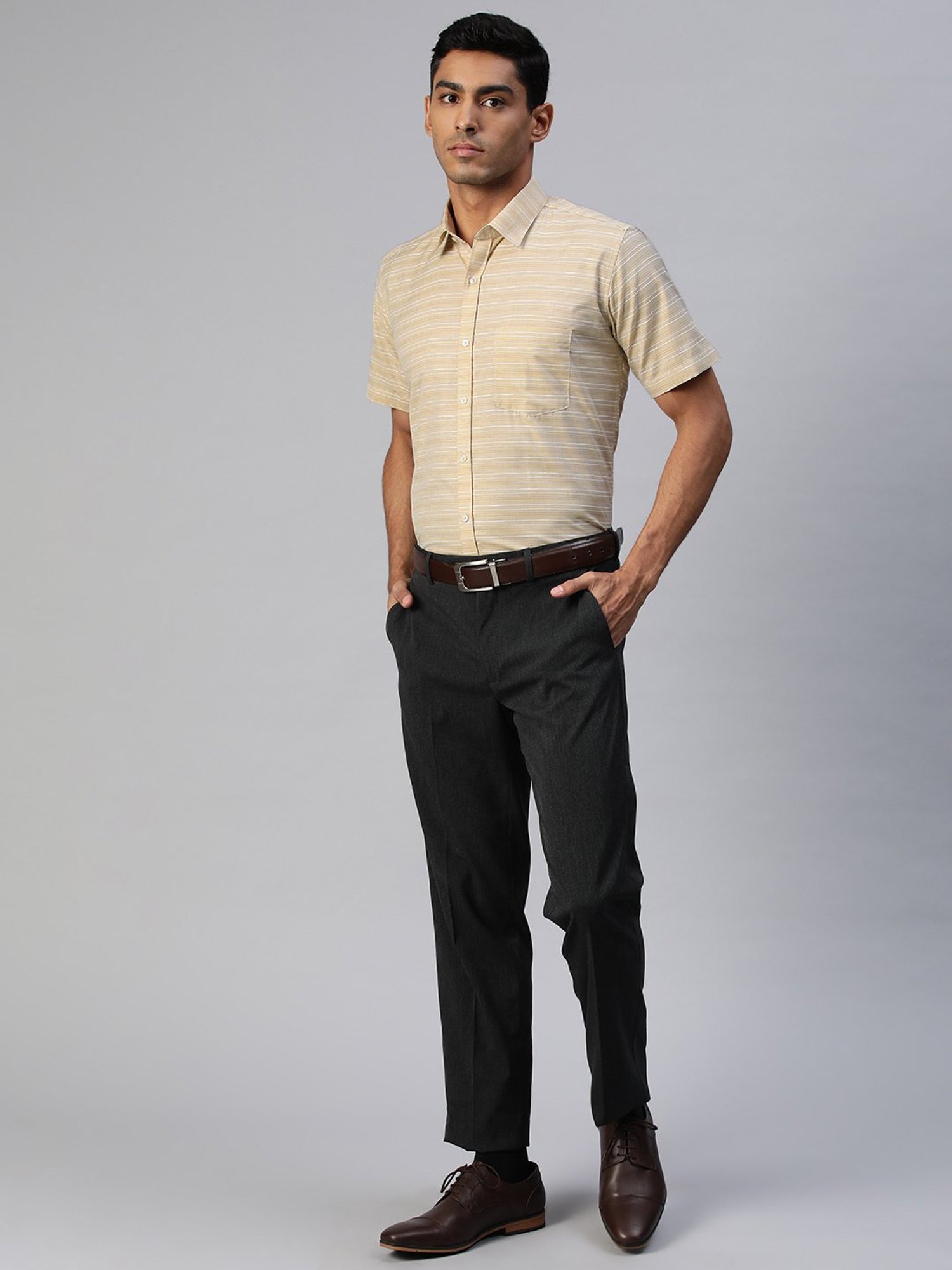 ManQ Beige Regular Fit Striped Shirt