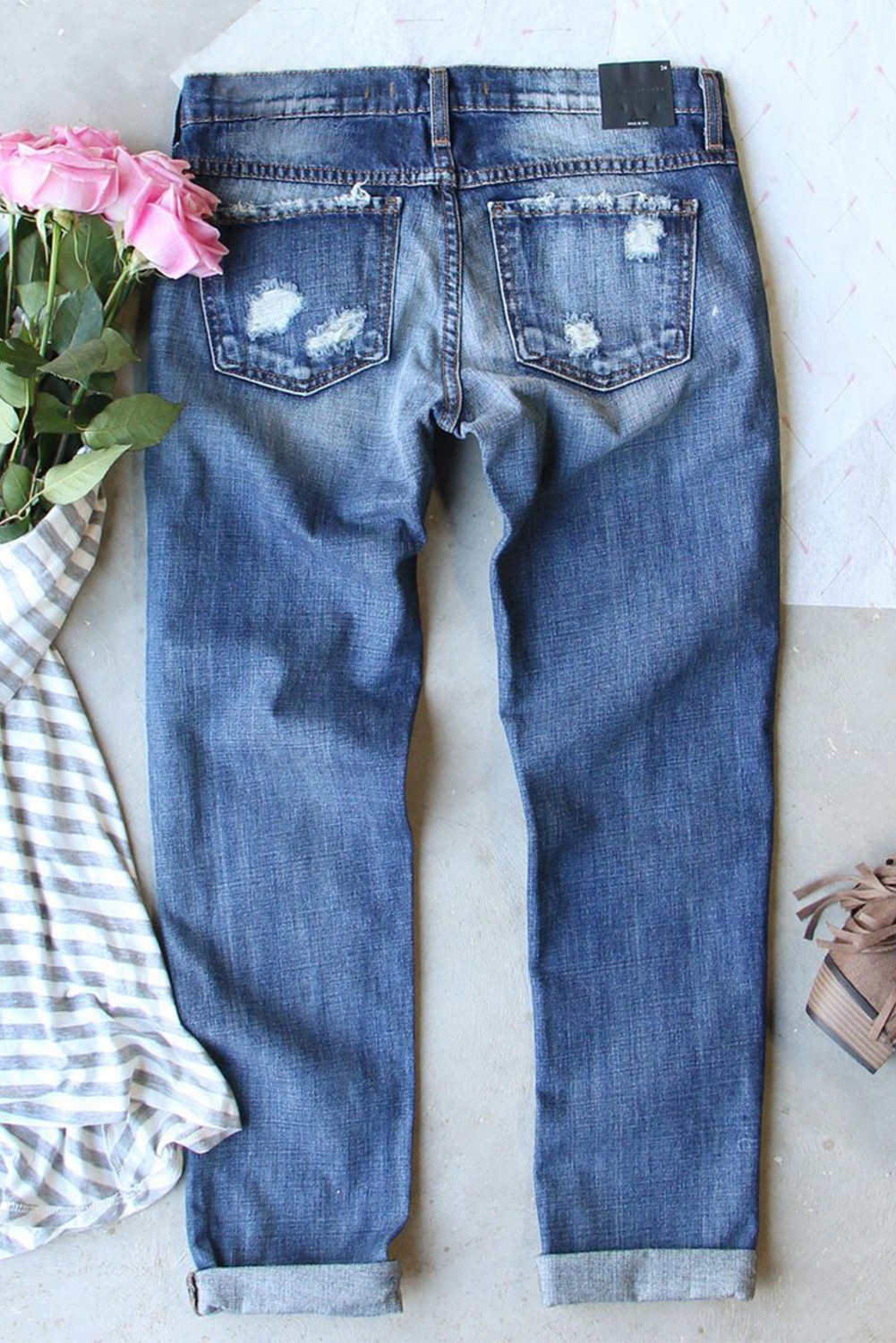 Blue Sunflower Print Ripped Mid Rise Straight Leg Graphic Jeans