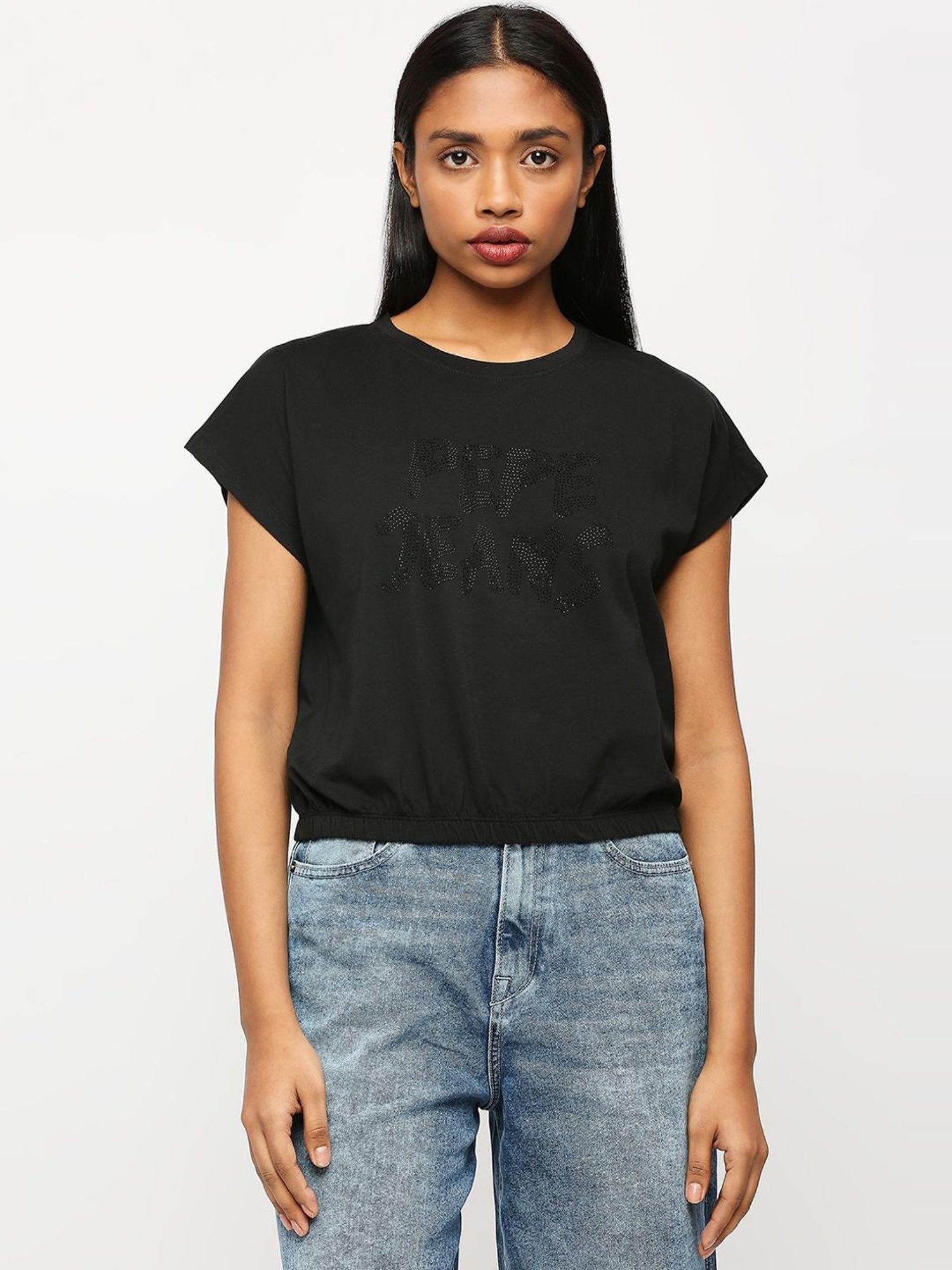 Pepe Jeans Black Cotton Embellished Top